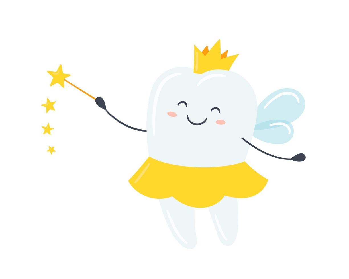 Children tooth fairy. Cute tooth with wings, a crown and a magic wand vector