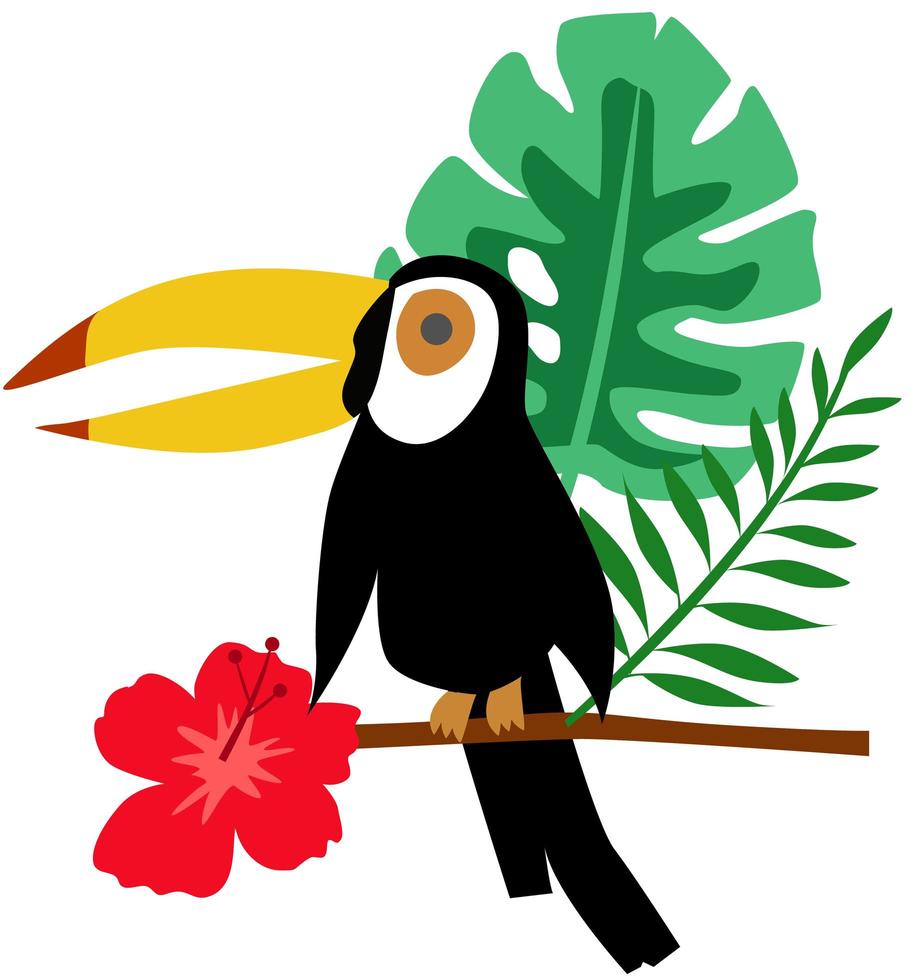Tucan, tropical leaves, flowers isolated on white background vector