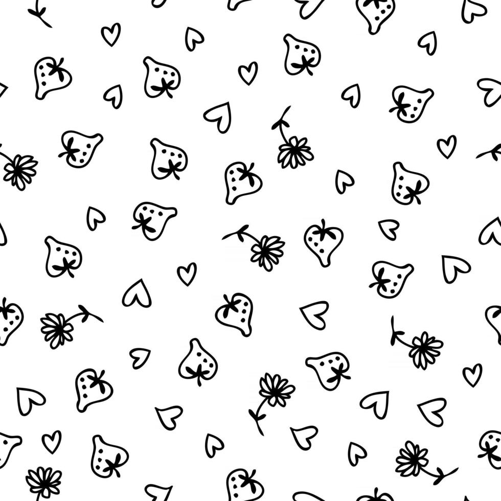 Doodle strawberries, flowers and hearts monochrome seamless pattern vector