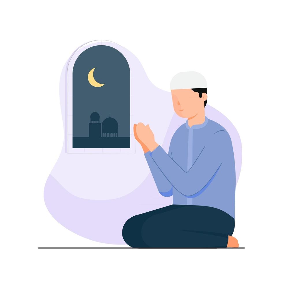 feliz eid mubarak con carácter de personas orando concepto. vector