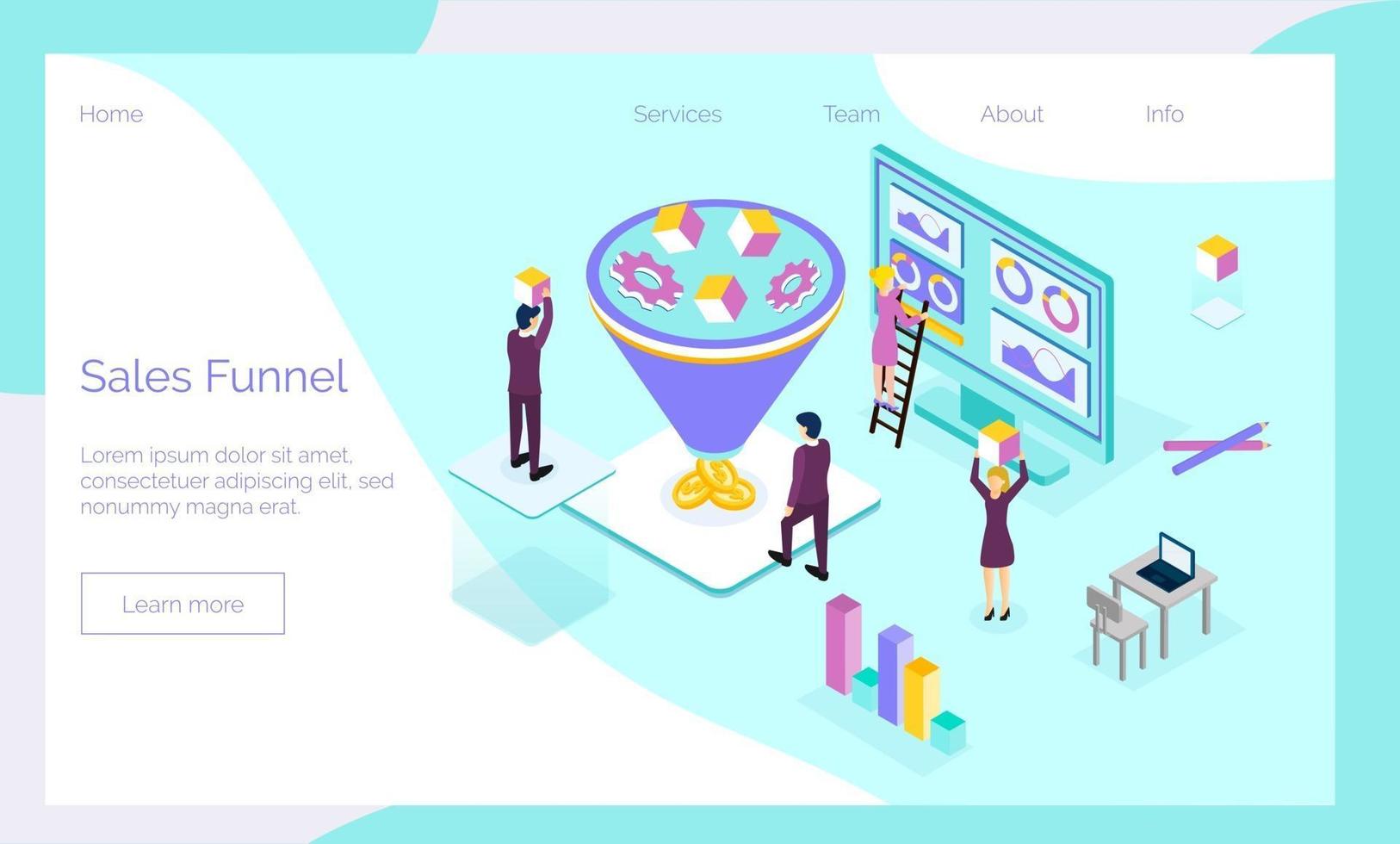 Sales funnel isometric concept vector with tiny people, diagram