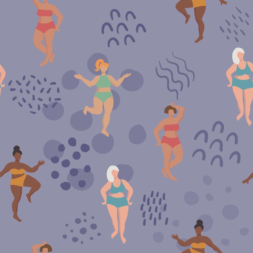 Seamless pattern with curvy women and abstract doodles vector