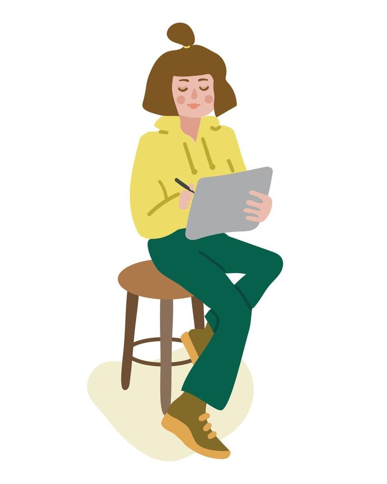 Female character writing or drawing on the tablet vector