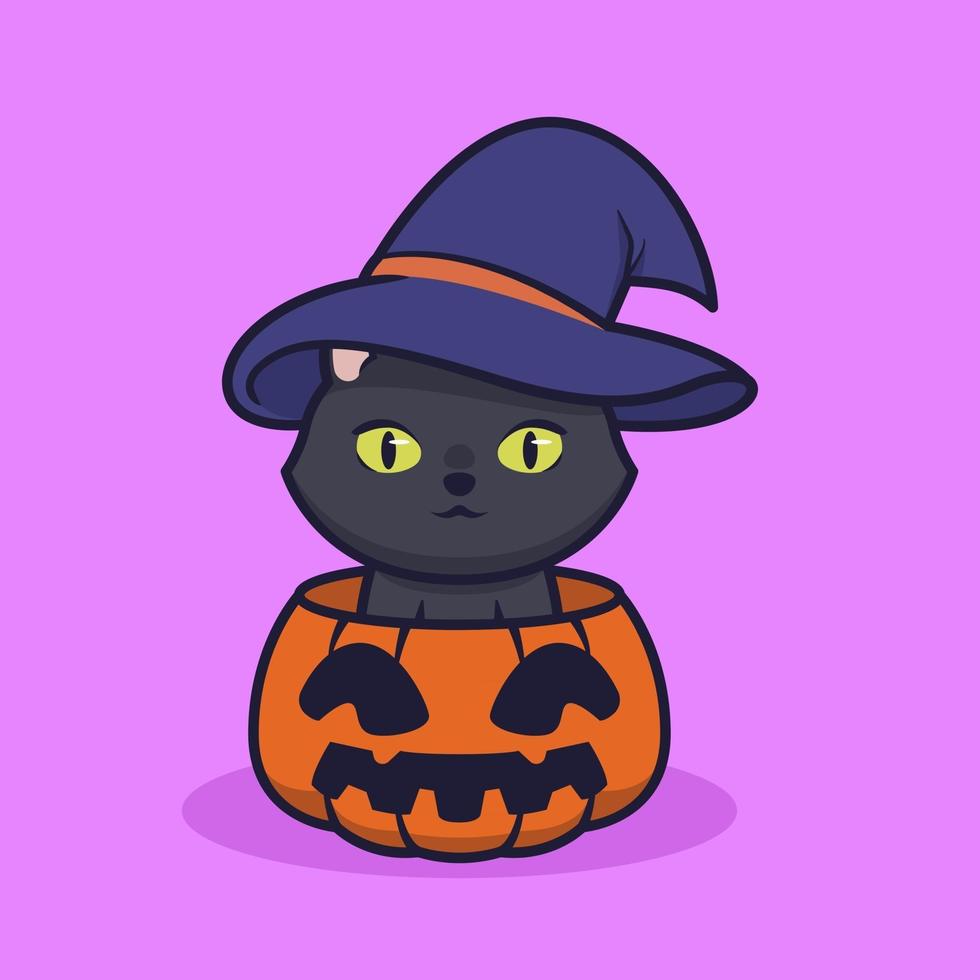 Cute black cat illustration with witch hat vector