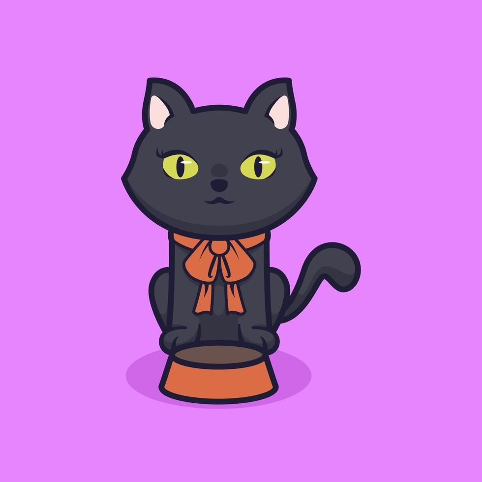 Cute black cat waiting for food illustration design vector