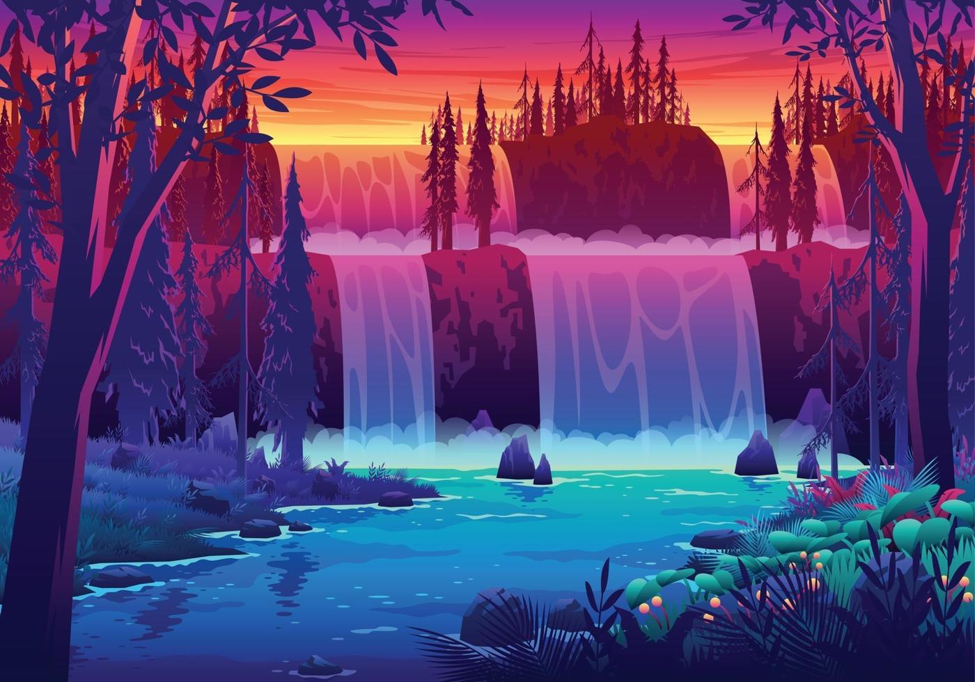 ilustración de paisaje de cascada al atardecer vector