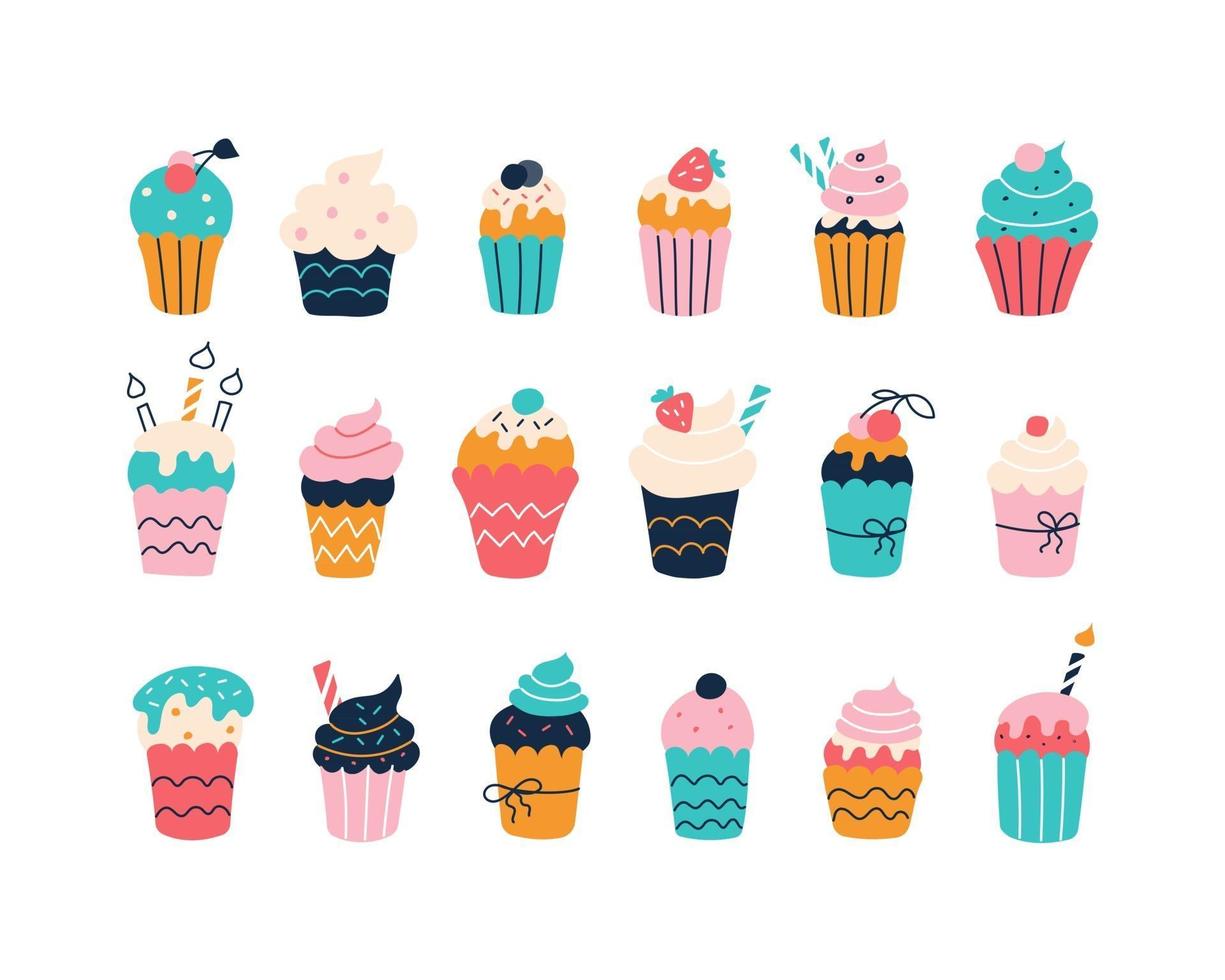 Large set of colorful cupcakes in the style of flat doodles. vector