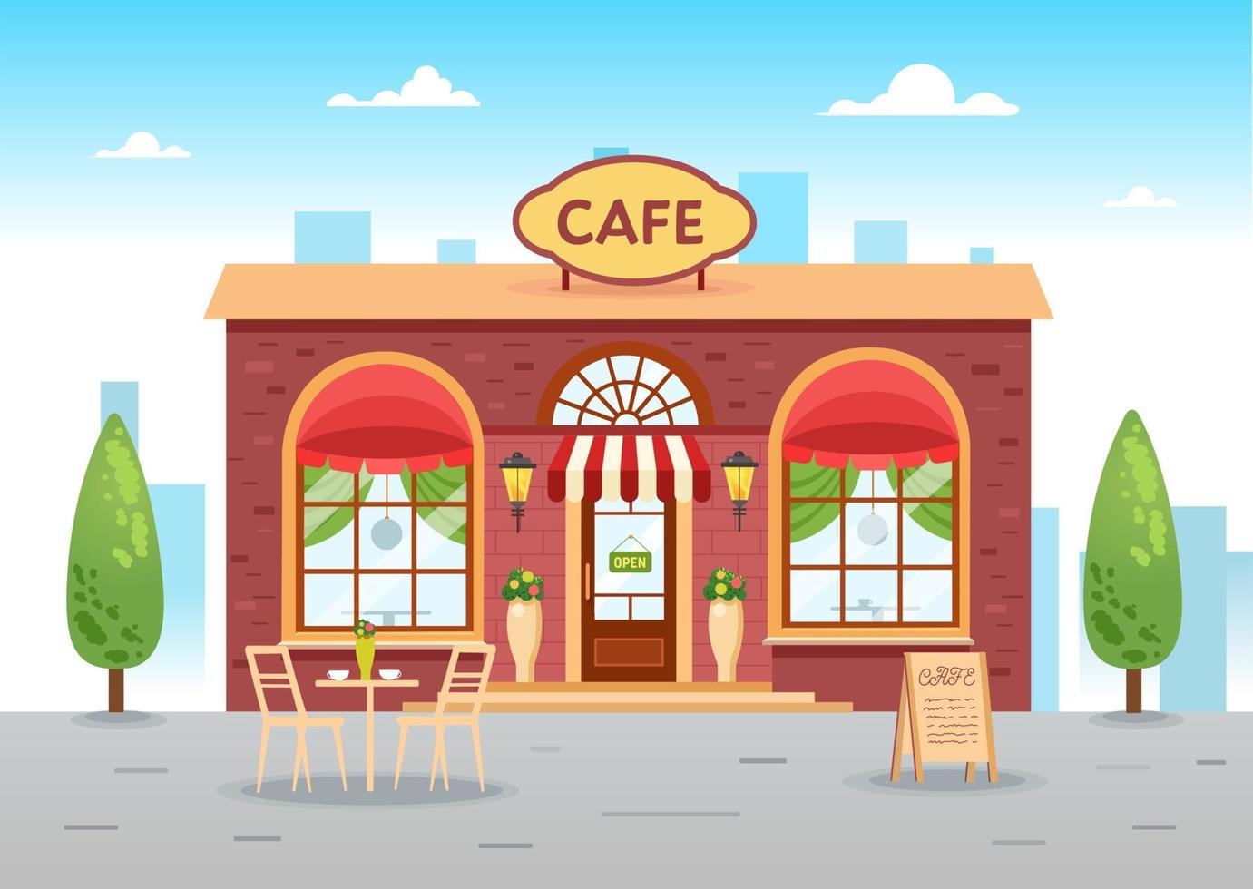 Summer cafe with a table. Coffee shop. Vector flat illustration