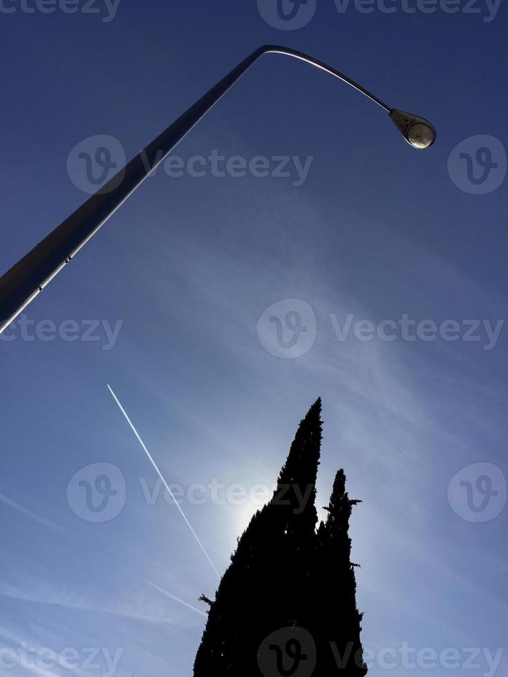 Tree and lamppost against light and a plane in the sky, Madrid, Spain photo