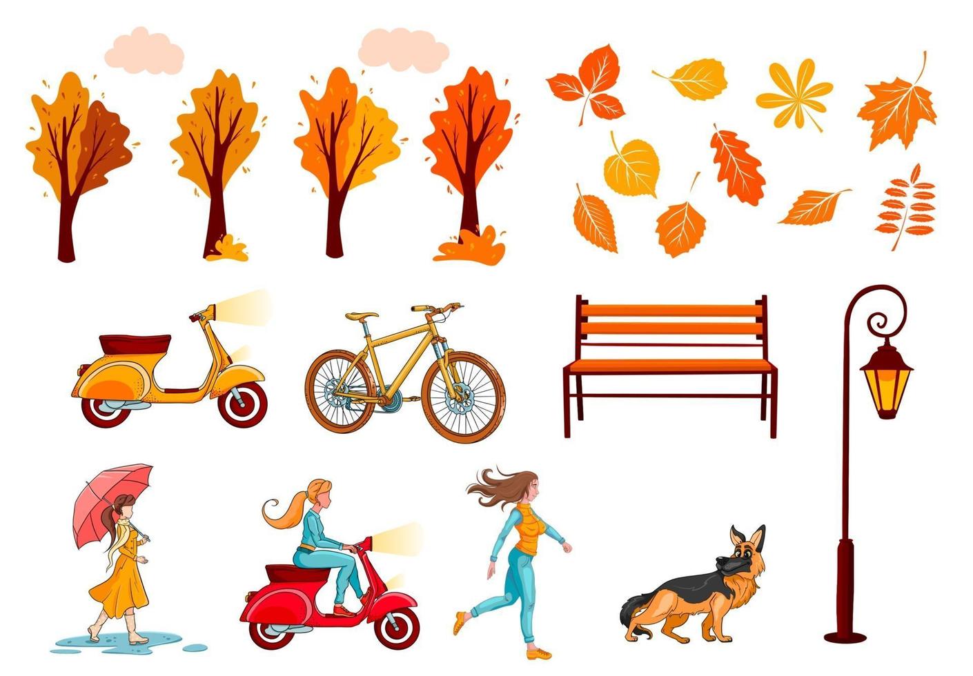 Big autumn set. Yellow leaves, trees, bench lantern, girl. vector