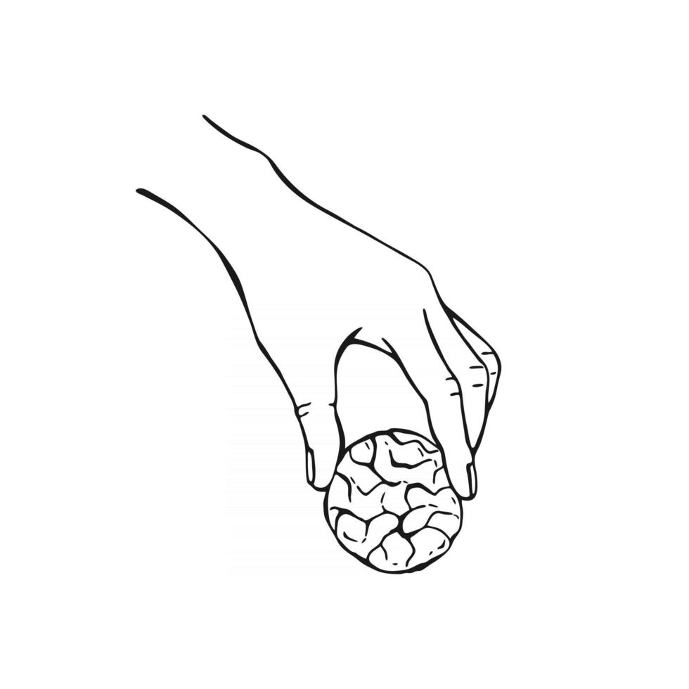 Hand holding a cookie. Hand drawn black and white vector illustration.