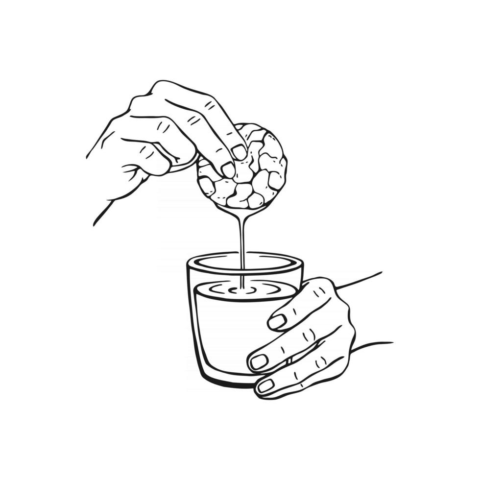 Hand dips a cookie into a glass. Hand drawn vector illustration.