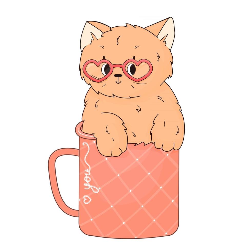 melocotón gato feliz se sienta en la taza estampada vector