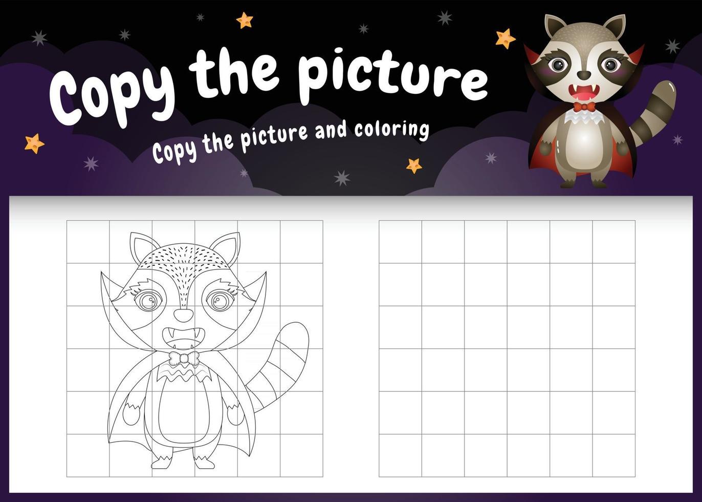 copy the picture kids game and coloring page with a cute raccoon vector