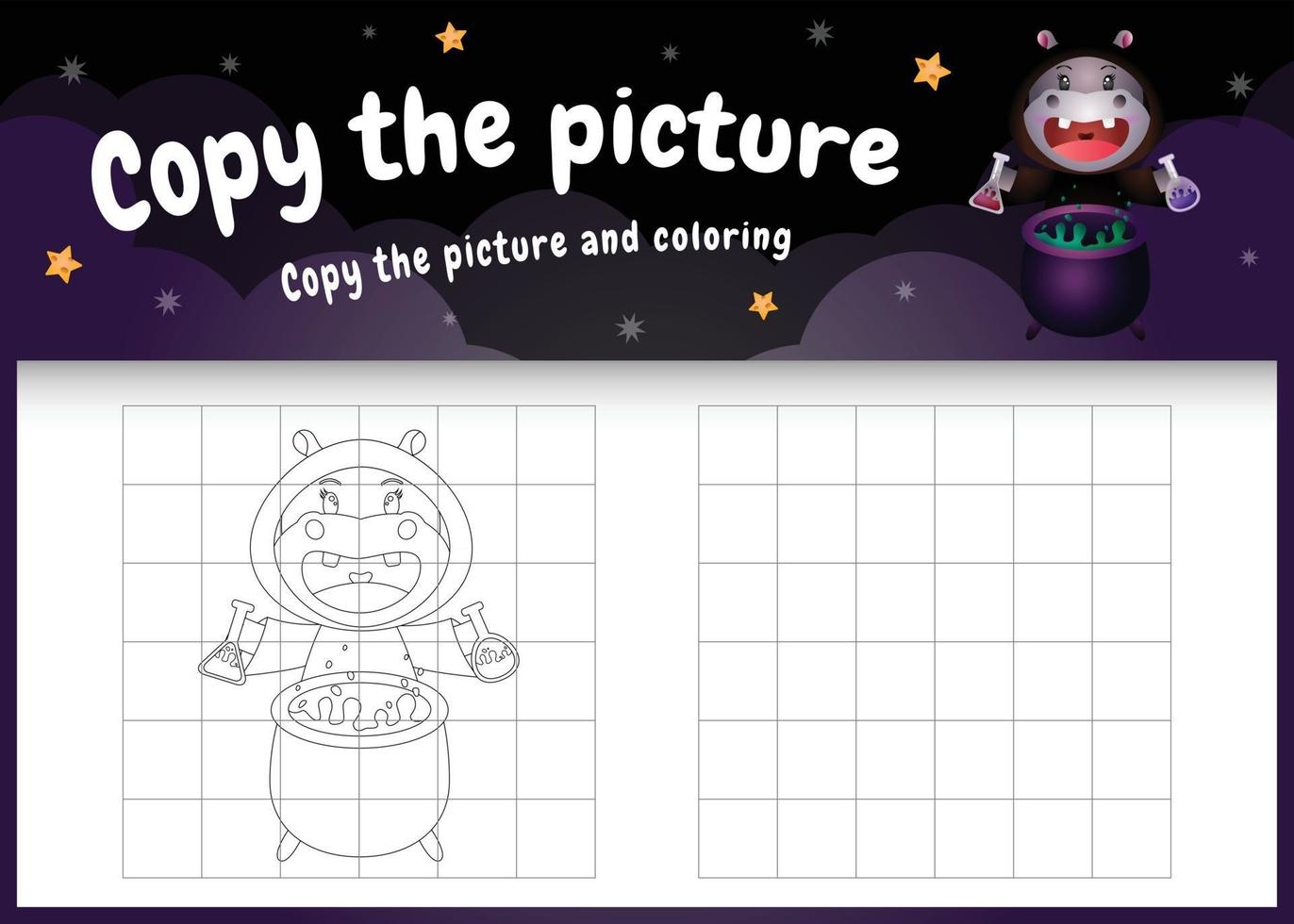 copy the picture kids game and coloring page with a cute hippo vector