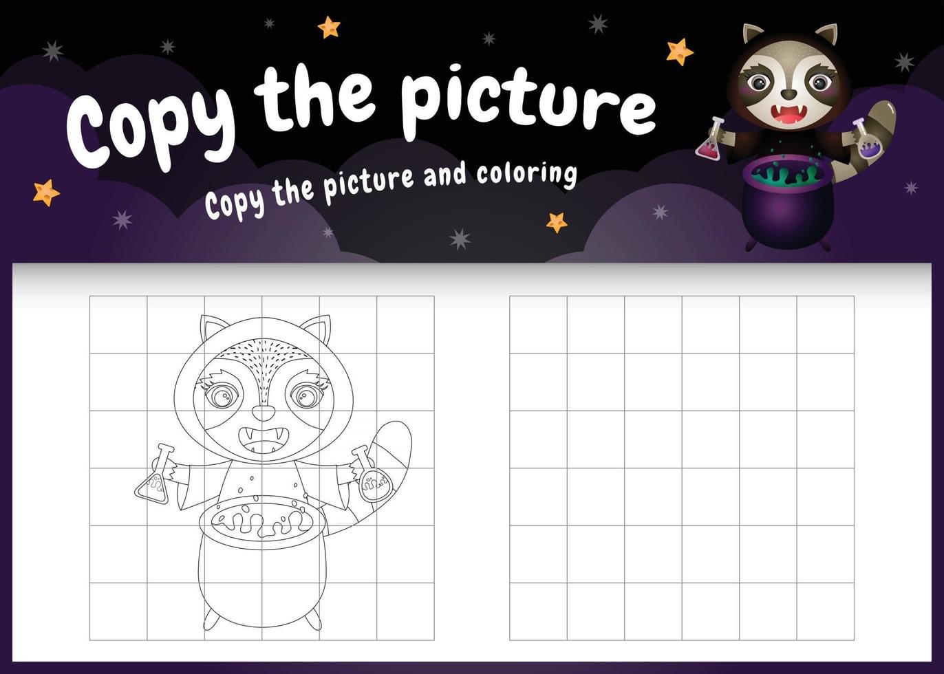 Copie la imagen del juego para niños y la página para colorear con un lindo mapache vector