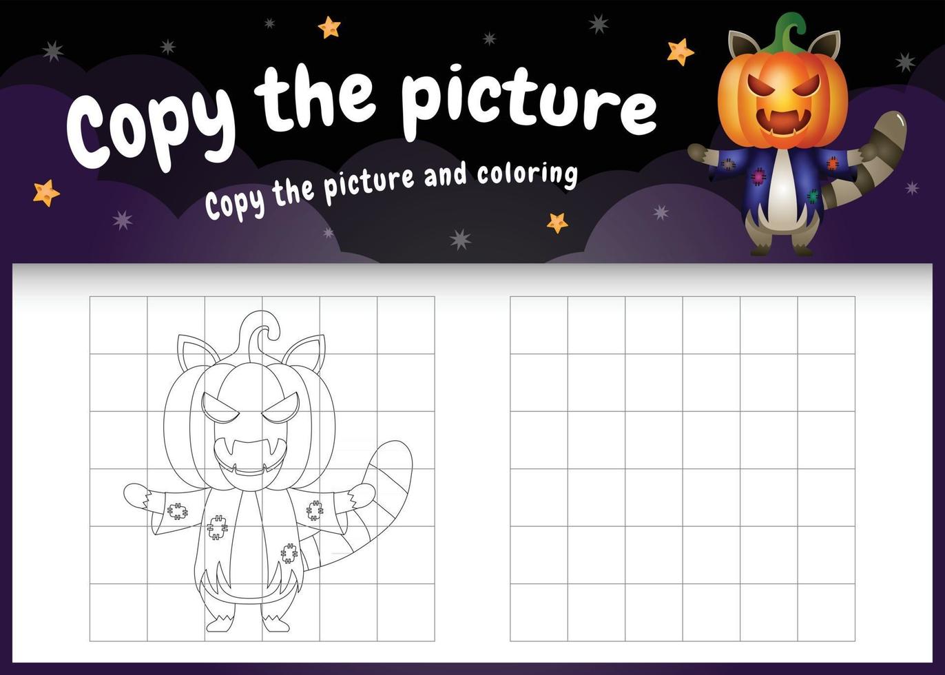 copy the picture kids game and coloring page with a cute raccoon vector