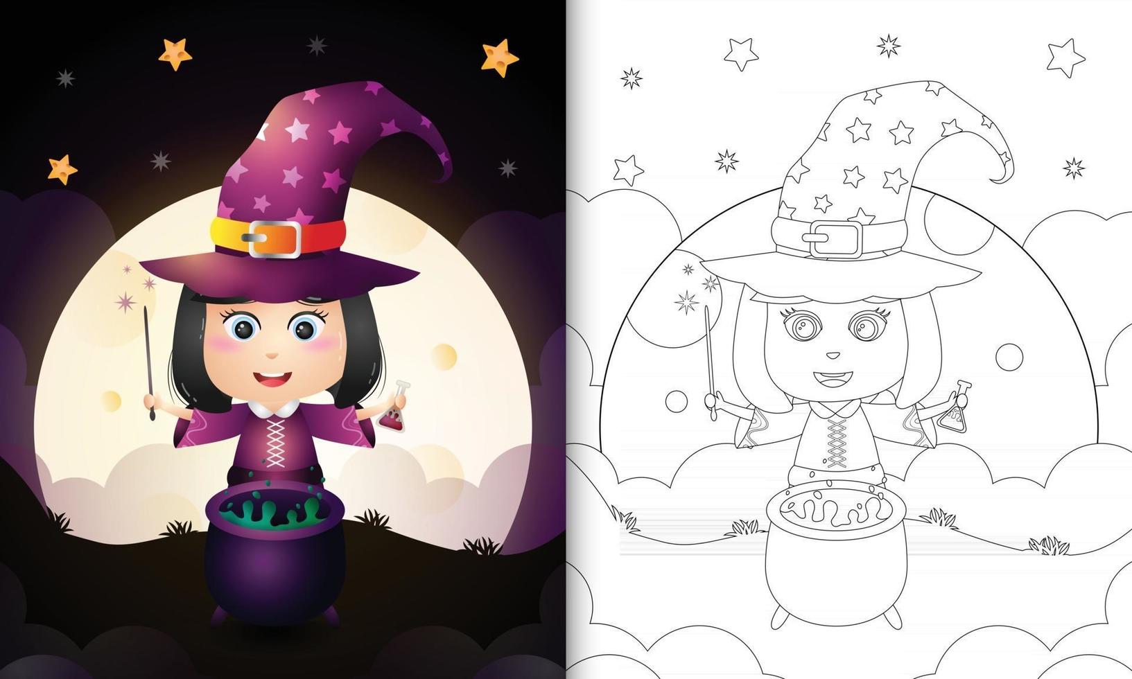 coloring book with a cute witch halloween vector
