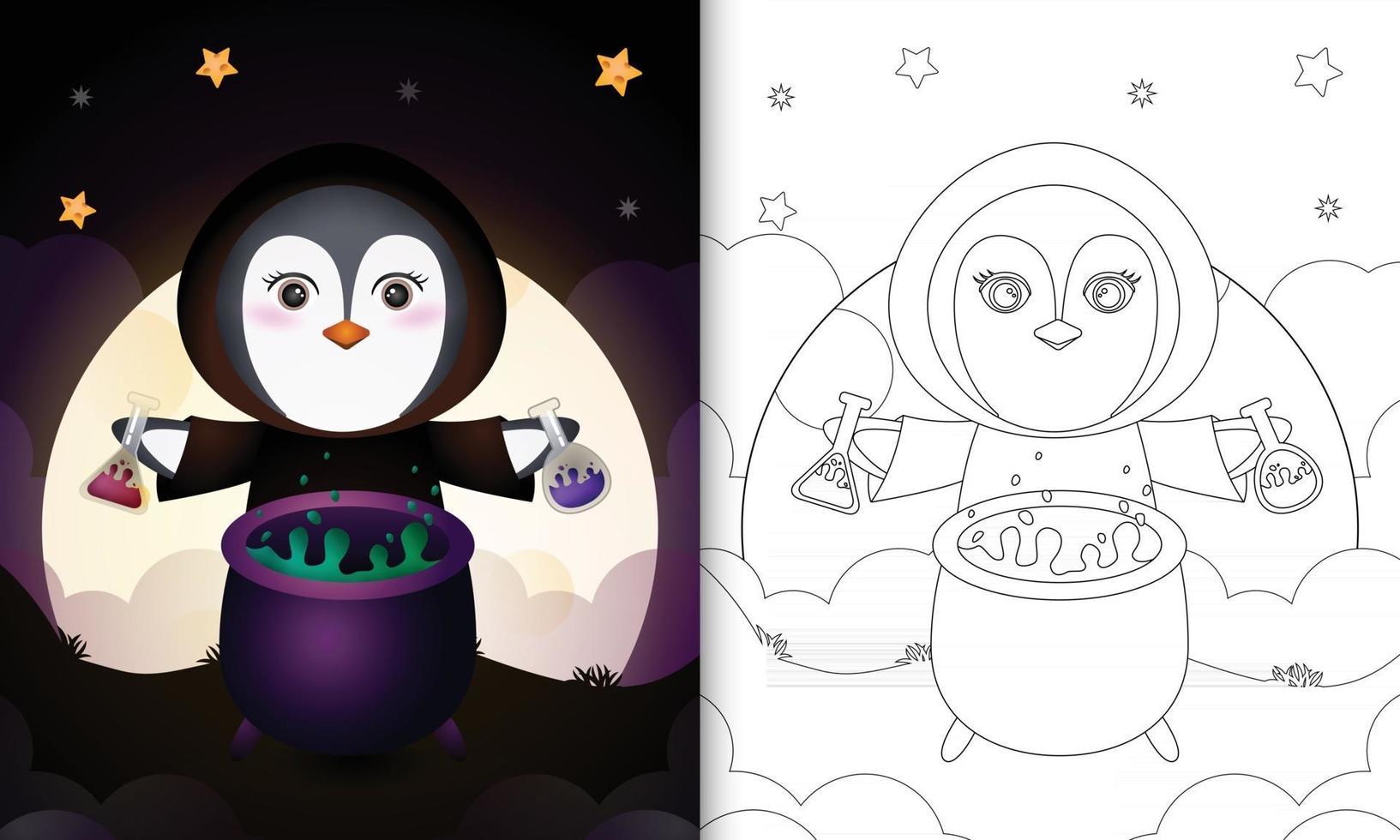 libro para colorear con un lindo pingüino usando disfraz de bruja halloween vector