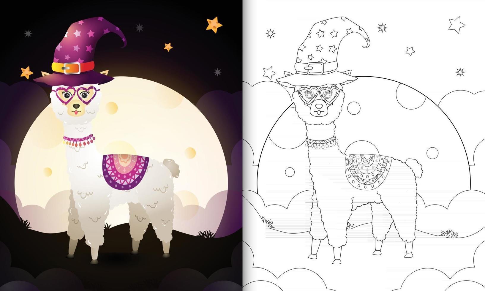 coloring book with a cute cartoon halloween witch alpaca vector