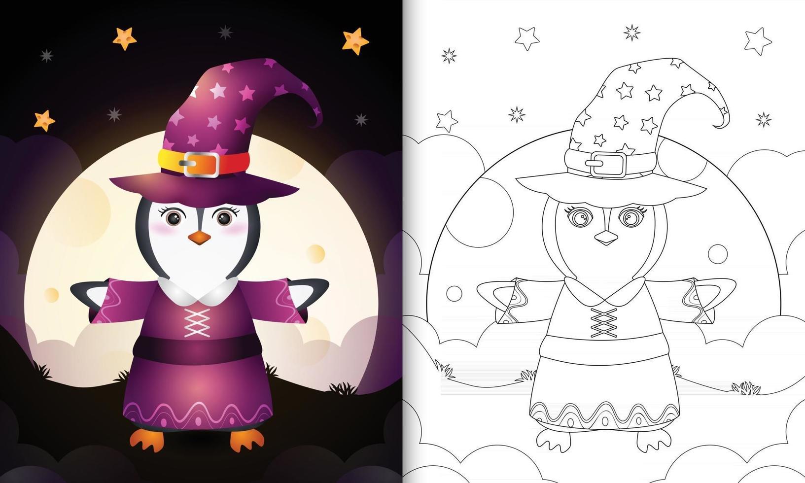 coloring book with a cute penguin using costume witch halloween vector