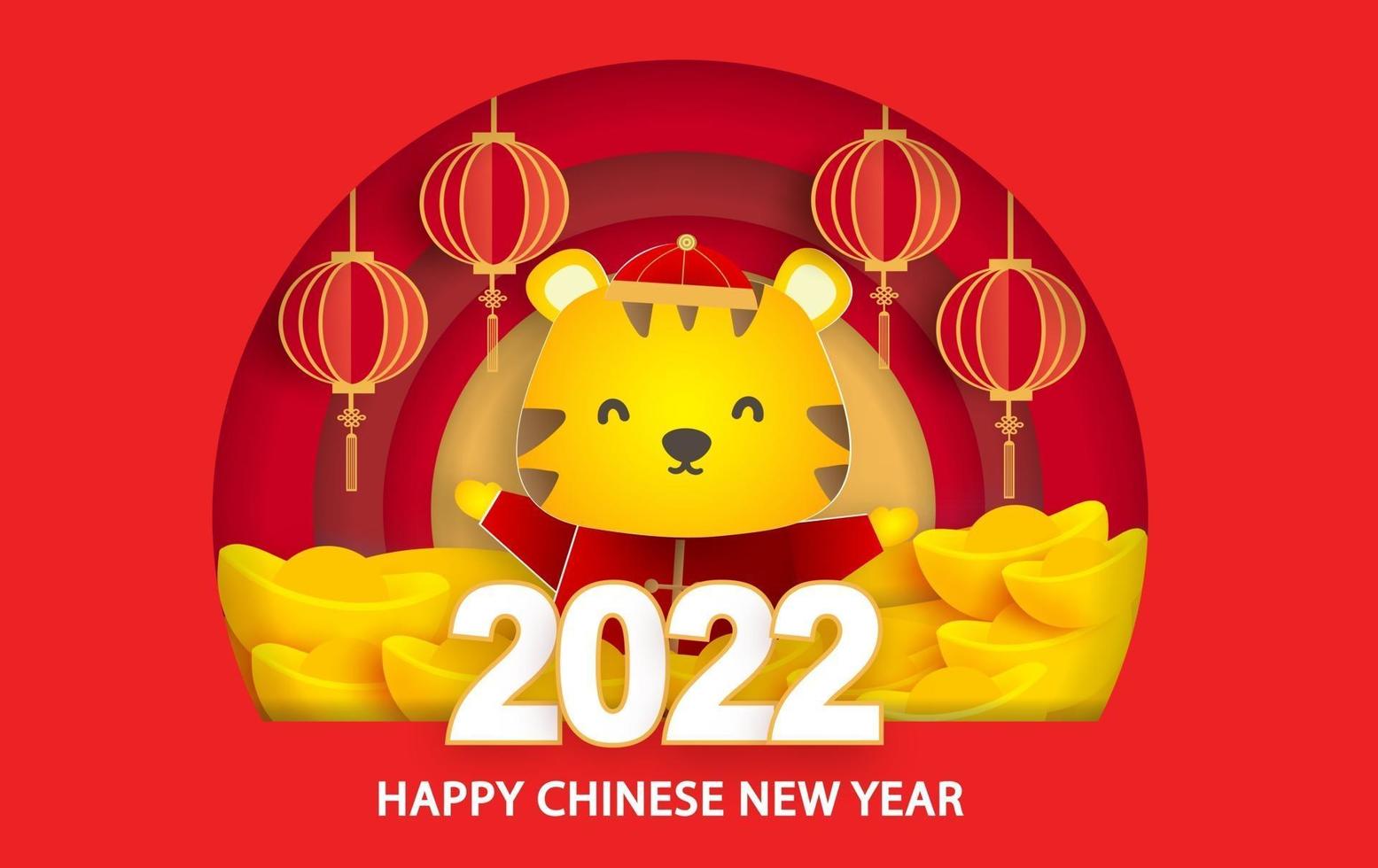 Chinese new year 2022 year of the tiger card in paper cut style vector