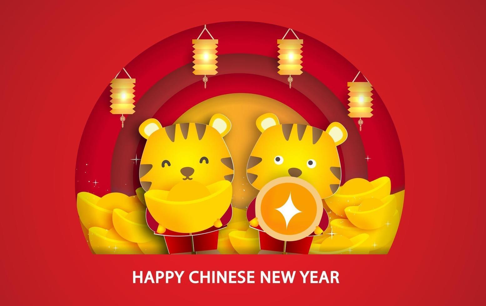 Chinese new year 2022 year of the tiger card in paper cut style vector