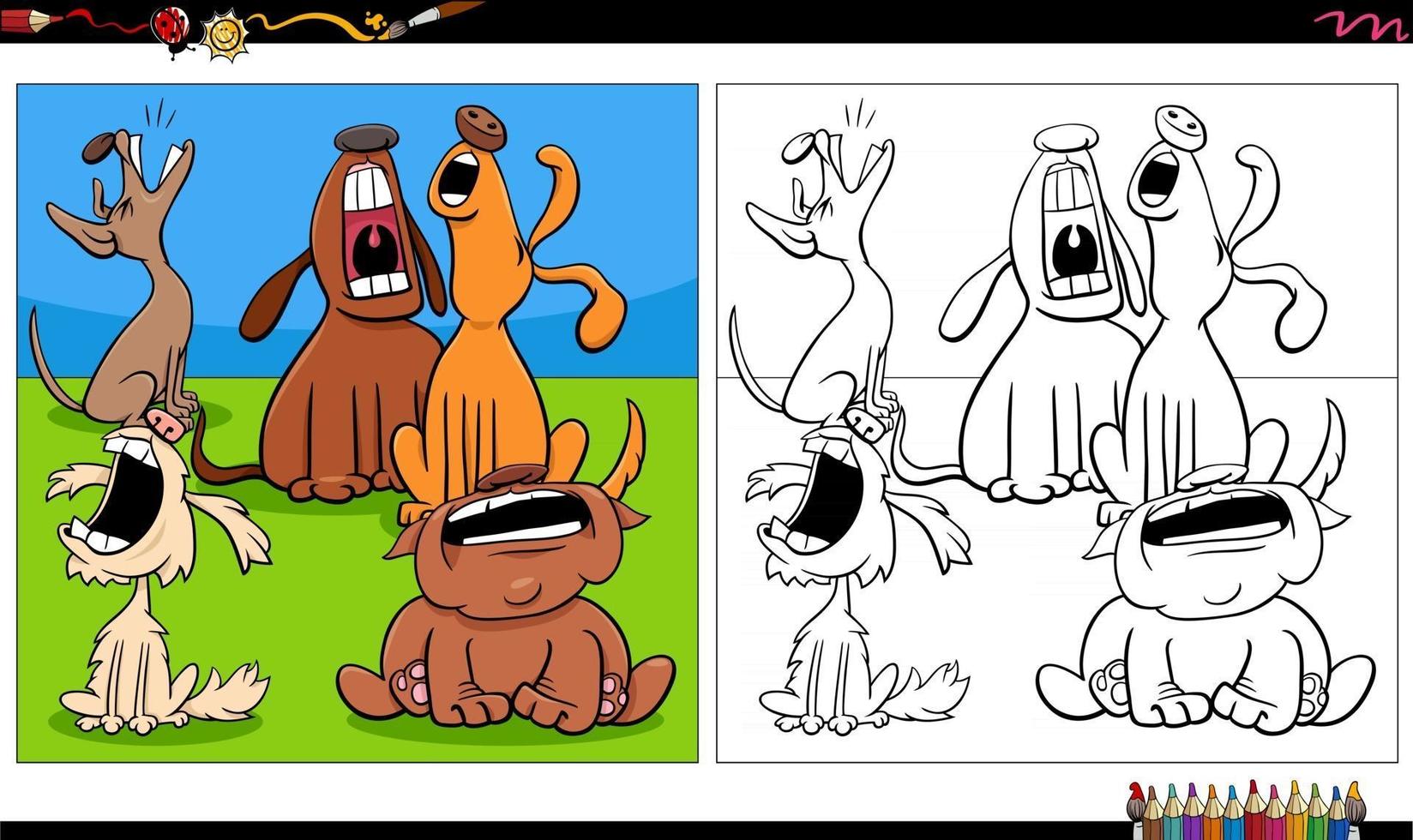 cartoon howling dogs group coloring book page vector