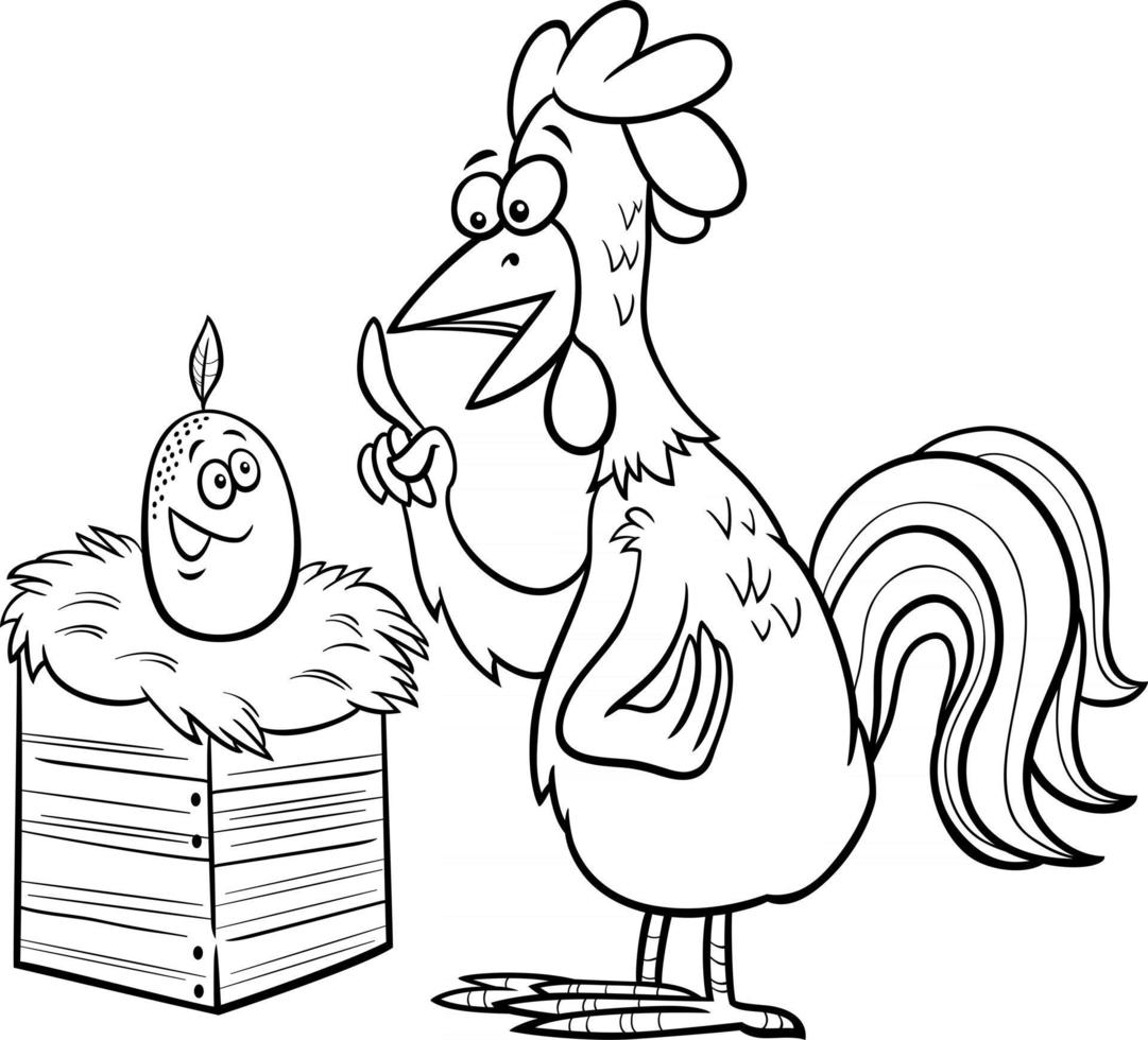 rooster and egg cartoon illustration coloring book page vector