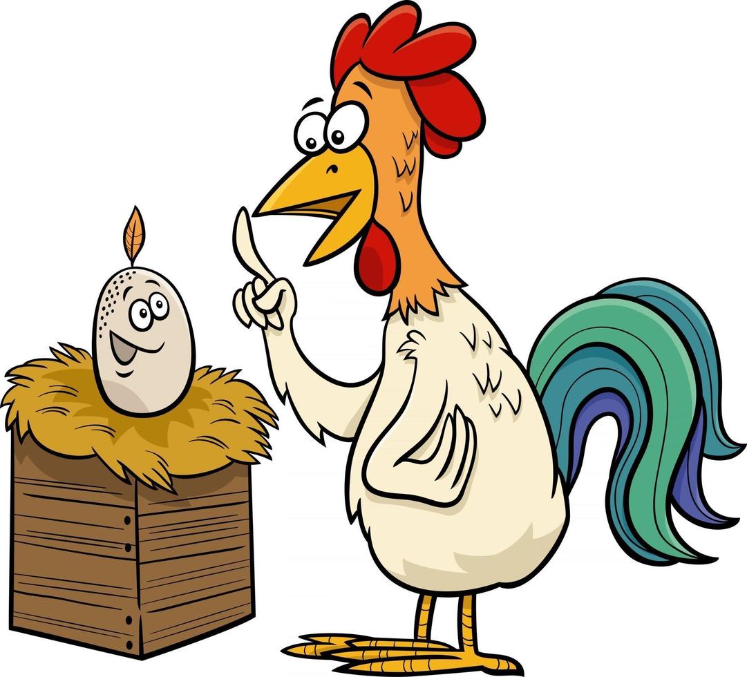 ilustración humorística de dibujos animados de gallo y huevo vector