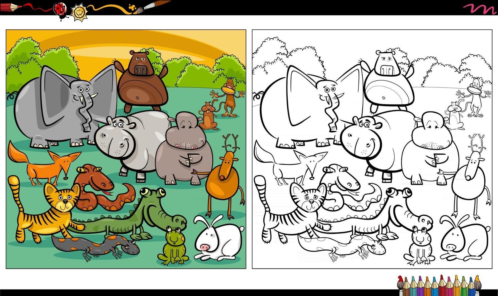 Grupo de animales salvajes de dibujos animados página de libro para colorear vector