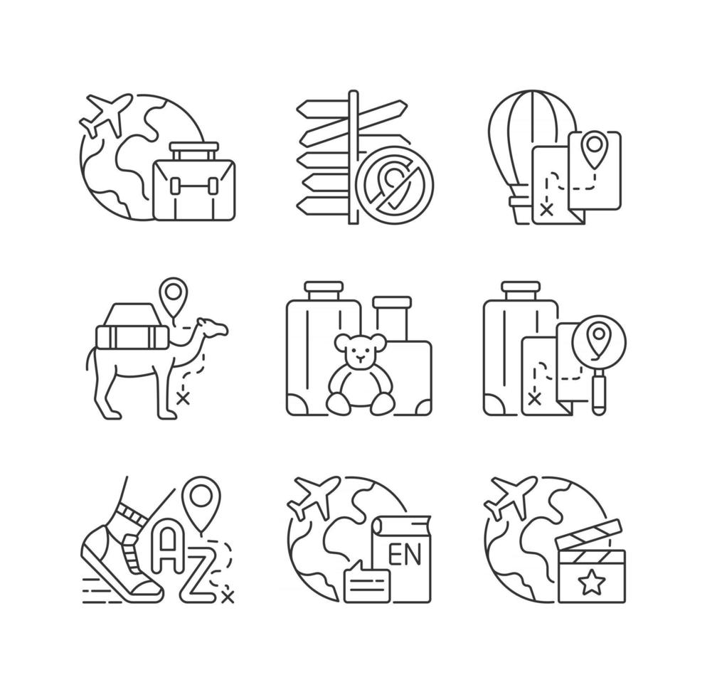 Travel type linear icons set vector