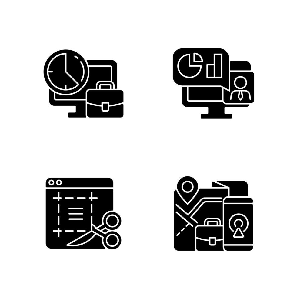 Remote work monitoring black glyph icons set on white space vector
