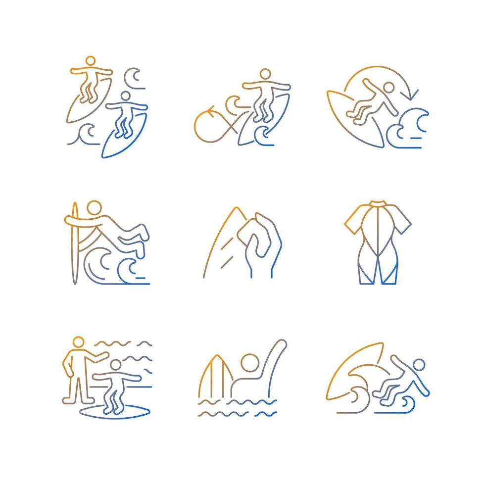 Surface water sport gradient linear vector icons set