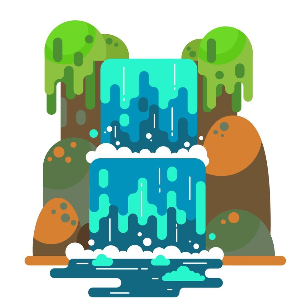 Waterfall landscape. Mountain river with cascade. Vector flat