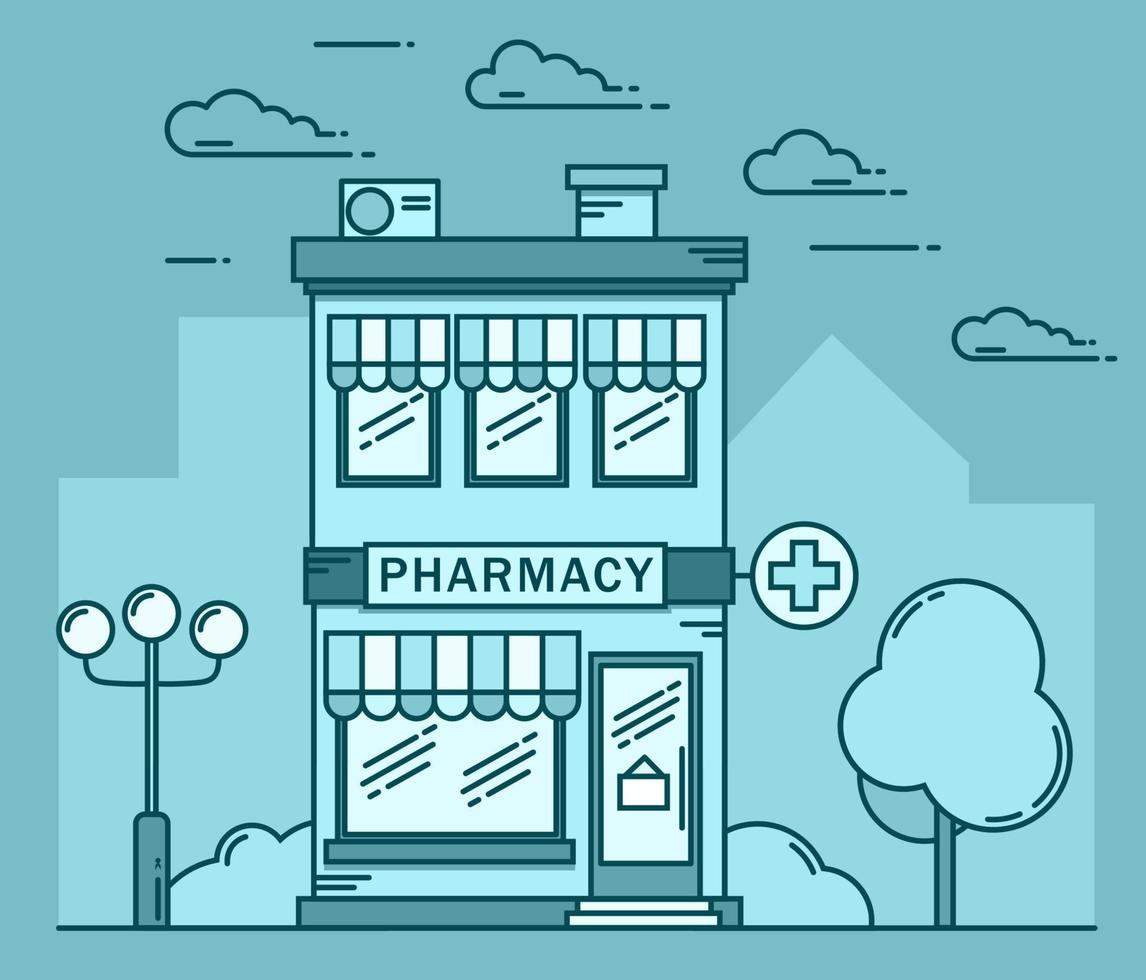 Pharmacy building medicine concept. Architectural vector