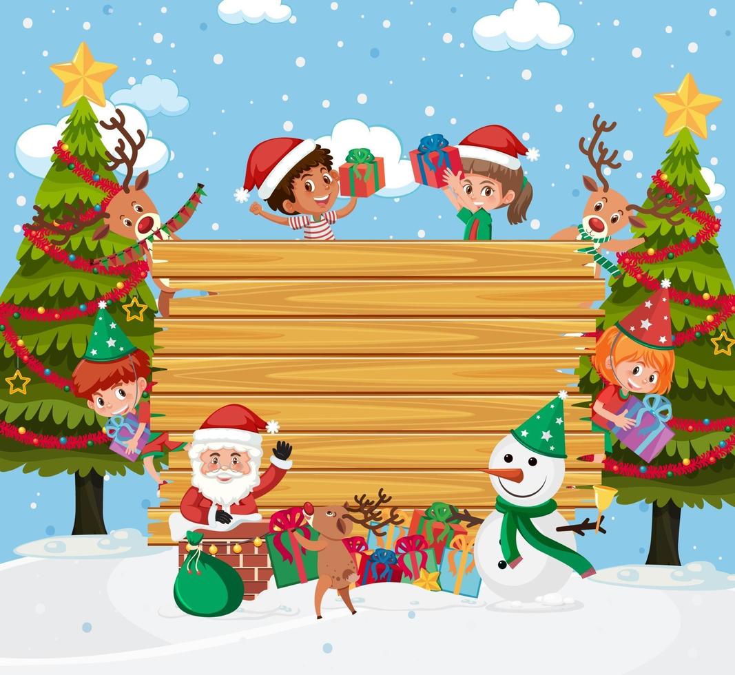 Empty wooden board with kids in Christmas theme vector