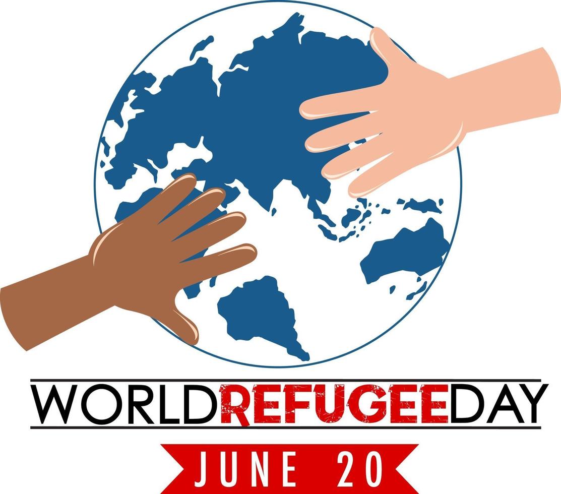 Bandera del día mundial de los refugiados con las manos en el signo del globo vector