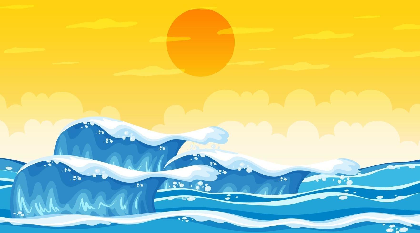 paisaje de playa en la escena del atardecer con olas del mar vector