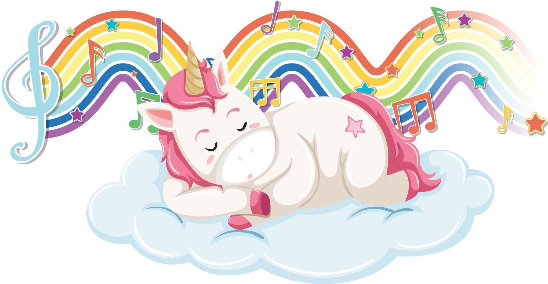 unicornio durmiendo en la nube con símbolos de melodía en la onda del arco iris vector