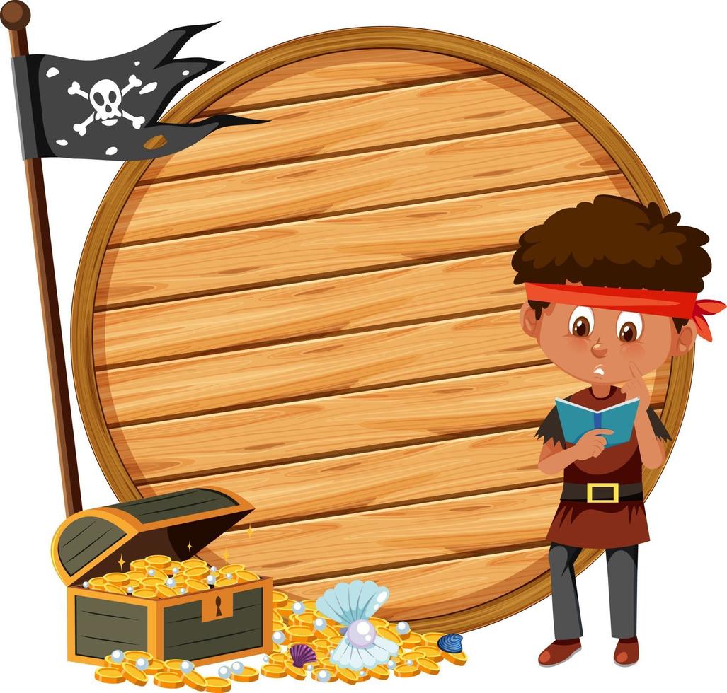 A pirate boy with an empty banner isolated on white background vector