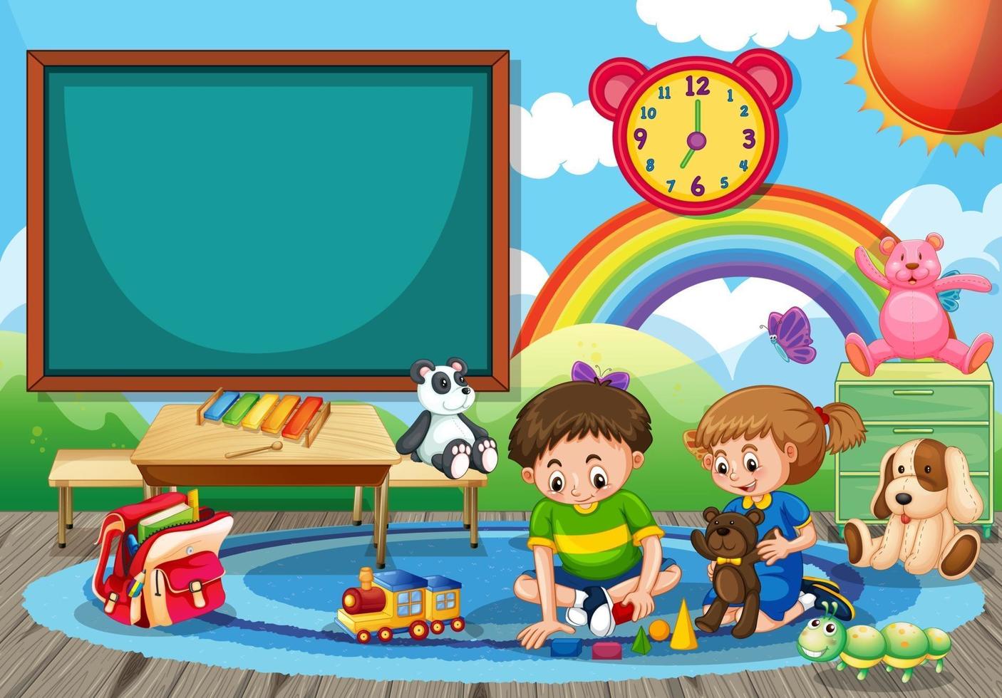 Kindergarten school scene with two children playing toys in the room vector