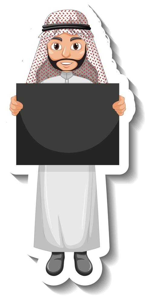 Pegatina hombre árabe sosteniendo tablero en blanco sobre fondo blanco. vector