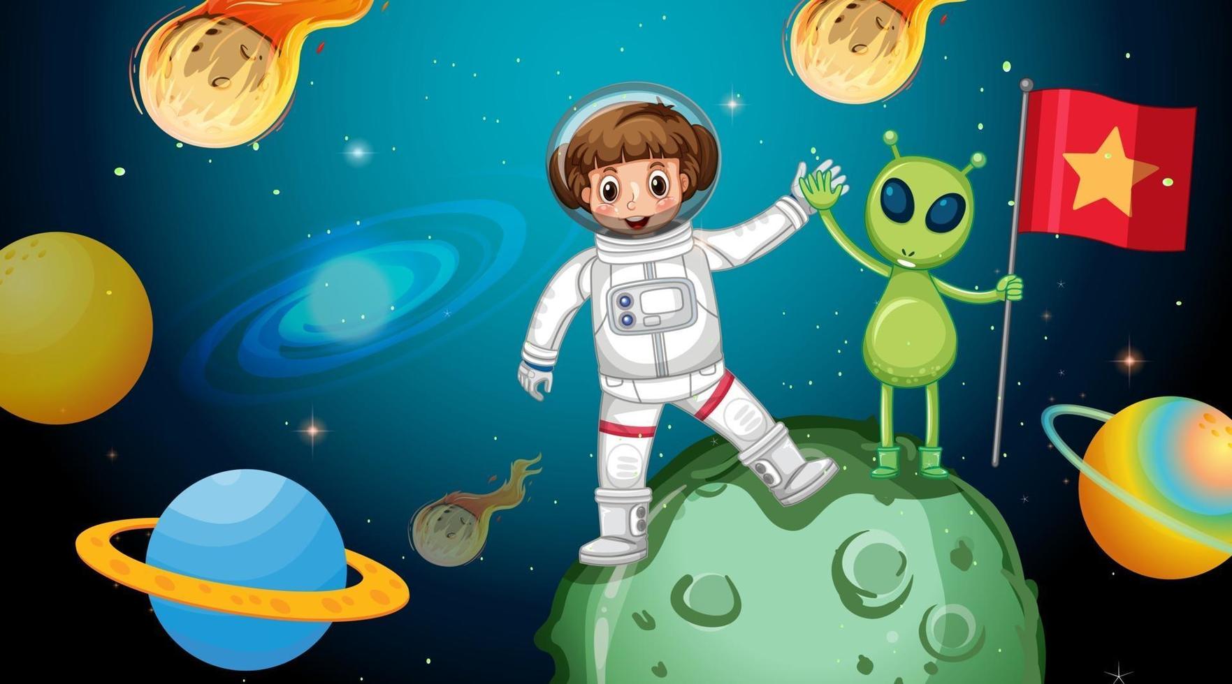 Astronaut girl with an alien standing on asteroid in space scene vector