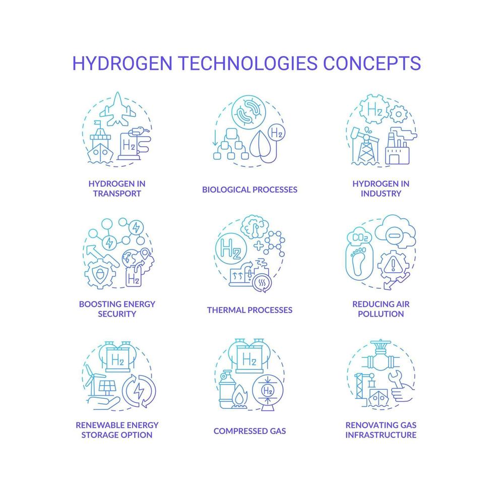 Conjunto de iconos de concepto de tecnologías de hidrógeno vector
