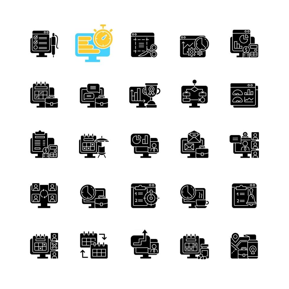 Work monitoring black glyph icons set on white space vector