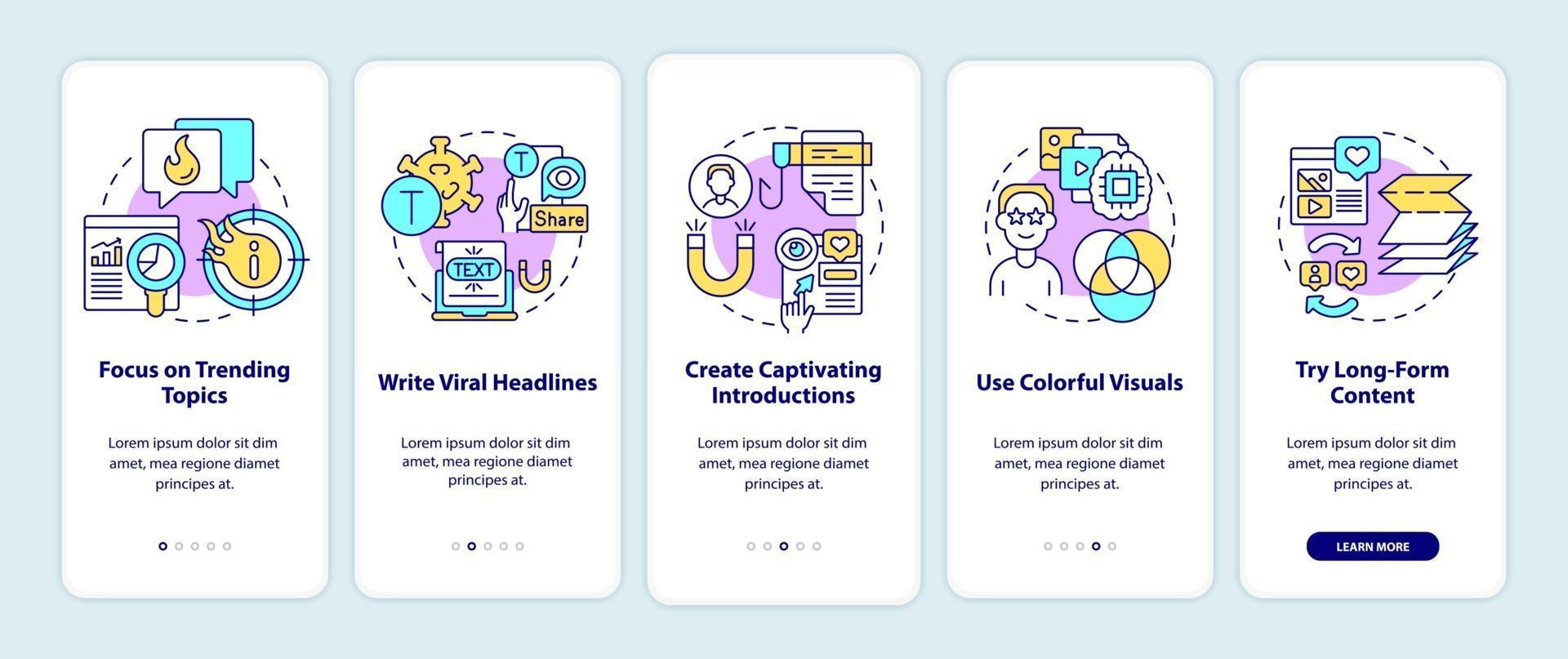 Viral content creation tips onboarding mobile app page screen vector