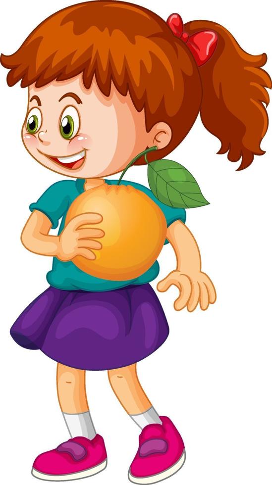 A girl holding an orange fruit cartoon character isolated vector