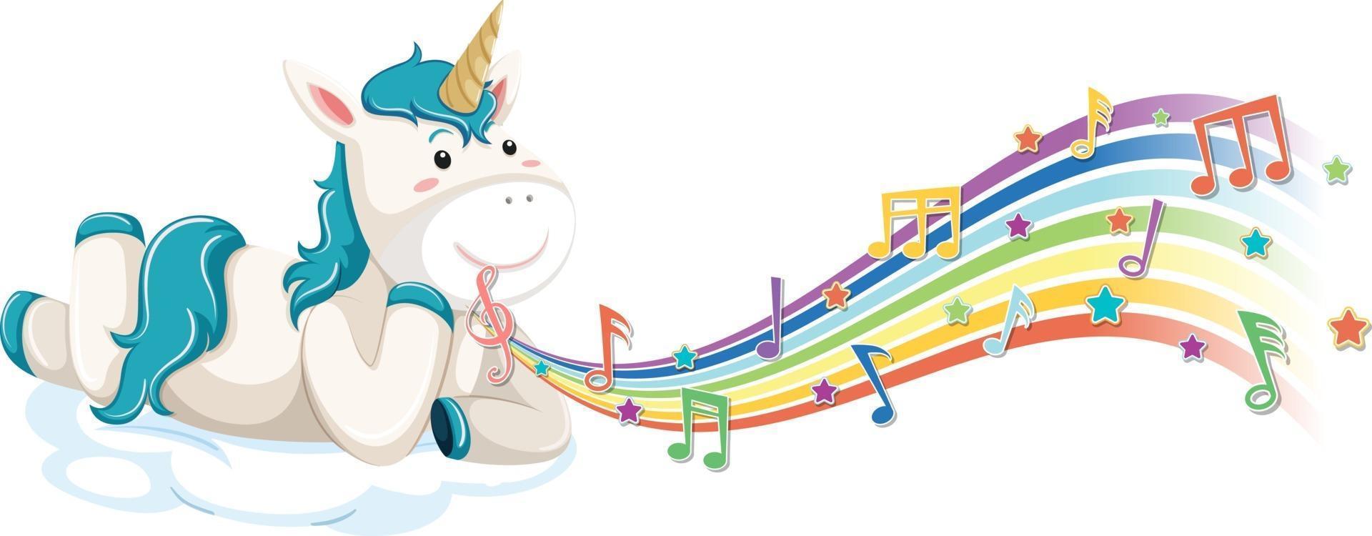 Cute unicorn laying on the cloud with melody symbols on rainbow vector