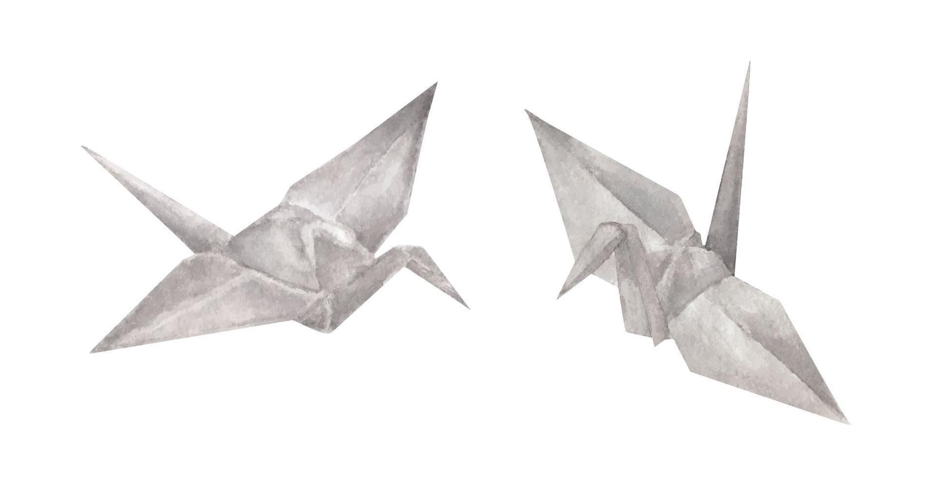 Set of Origami paper cranes. Watercolor illustration. vector